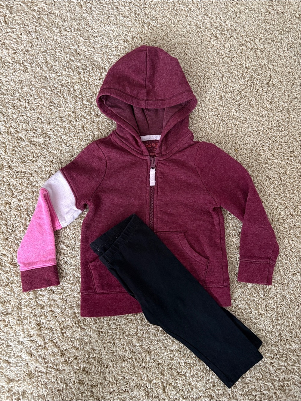 Cat & Jack Maroon Hoodie with Pink Sleeve Panels and Black Leggings